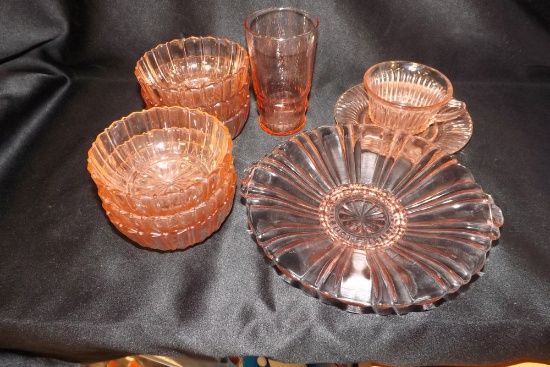 Pink Depression Bowls/Glass & Cup/Saucer