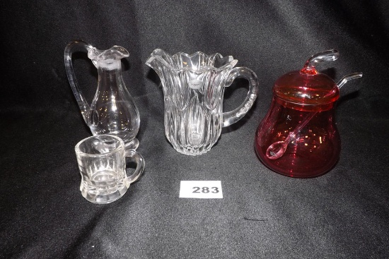 Pink Glass Mustard Jar, Gorham Crystal Pitcher