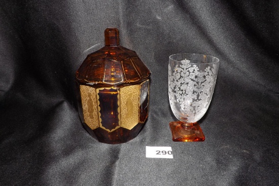 Amber lidded jar & etched drinking glass