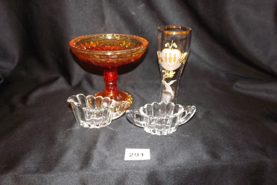 Pedestal Candy Dish, German glass Beer Boot; creamer sugar