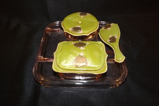 Pink Depression Glass Dresser Set w/Bakelite-look lids
