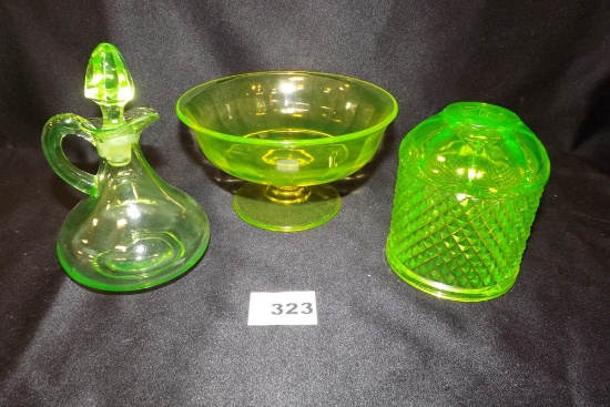 Depression Glass Cruet, Bowl, Fairy lamp shade