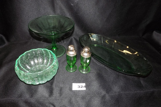 Green Glass Serving Dishes & Salt/Pepper
