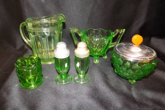 Green Glass Pitcher, Salt/Pepper, Sugar Bowl