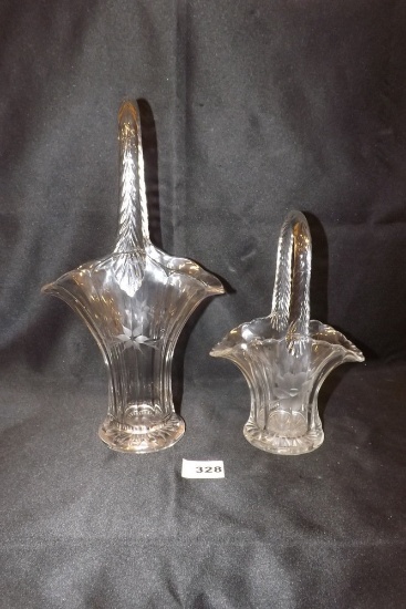 2 Clear Etched Glass Baskets w/glass handles