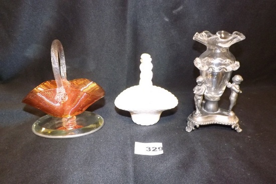 2 Decorative Glass Baskets & Vase