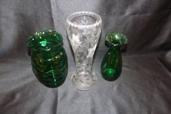 2 Green Glass Vases & Old Orchid Glass flower Vase