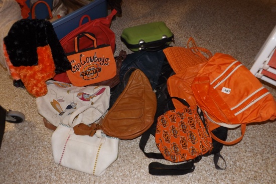Box of Misc. Purses, Fanny Packs, scarves, 1 Backpack