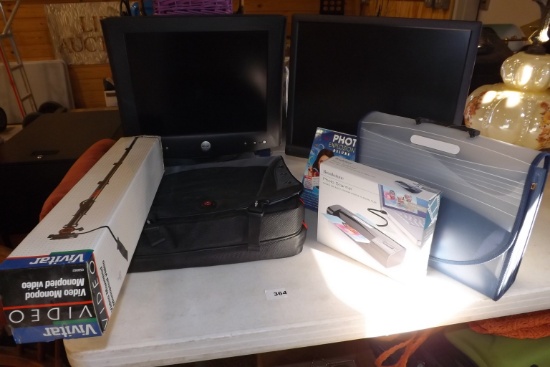 2 Dell computer monitors, Vivitar Video Monopod, SwissGear bag