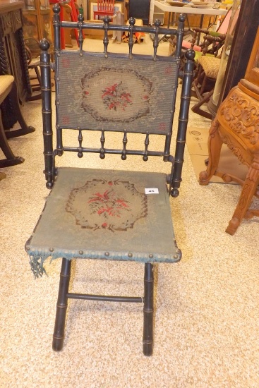 Antique Folding Chair w/Tapestry Seat & Back
