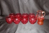 Dark pink cups, toothpick holder & small pitcher