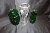 2 Green Glass Vases & Old Orchid Glass flower Vase