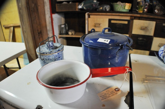 ENAMEL WARE BEAN POT, STONEWARE CROCK (NEW-ISH)