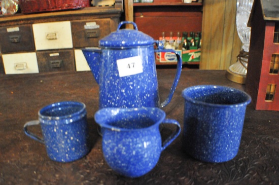 ENAMEL WARE PITCHER , CREAMER, 2 MUGS