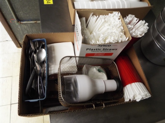 box of cutlery, straws, utensils