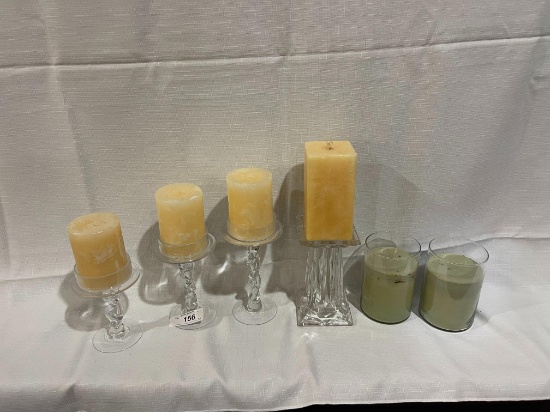 4 Glass Candle Stands & 2 Candles