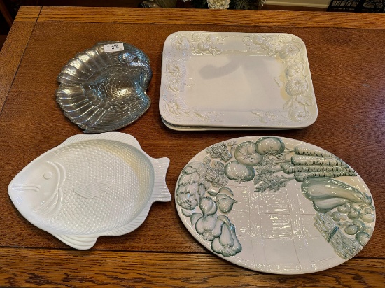 (4) Ceramic Serving Platters, Pewter Turkey Platter