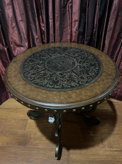 Scrolled Wrought Iron & Cherry End Table