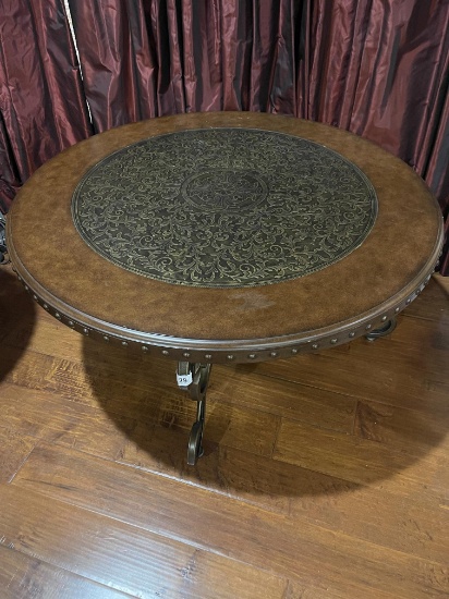 Scrolled Wrought Iron & Cherry Round Coffee Table