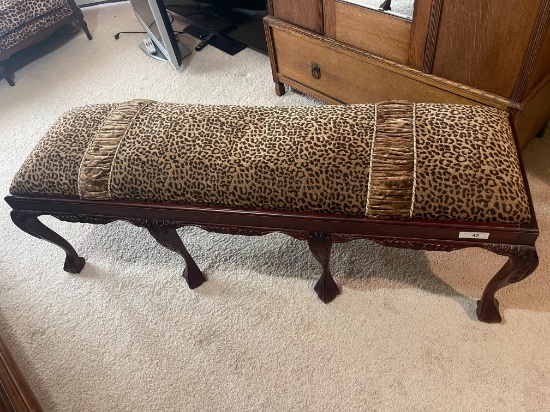 Chippendale Style Ball & Claw Leopard Print Cherry Wood Bench