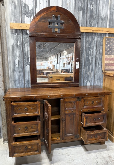 Two Piece Dark Wooden 6 Drawer & Cabinet Dresser