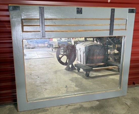Large Rustic Wooden Gray Mirror With Metal Accents