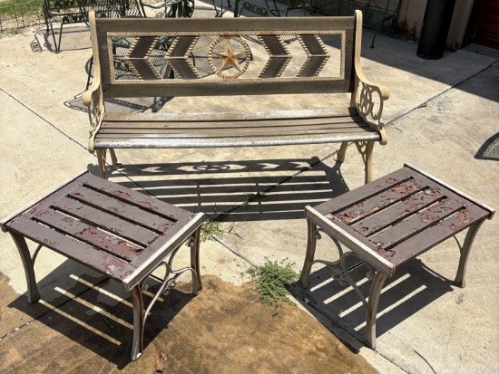 Metal & Wood Outdoor Bench W/ Side Tables