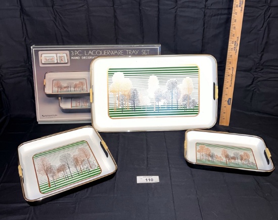 Lacquerware Tray Set Hand Decorated 3pc