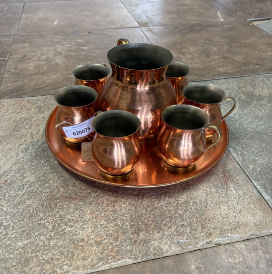Vintage Set W/ Tray Jug & Mugs In Copper 14 Diamet