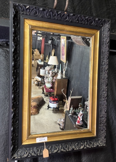 Large Wooden Black Framed Mirror W/ Gold Accents
