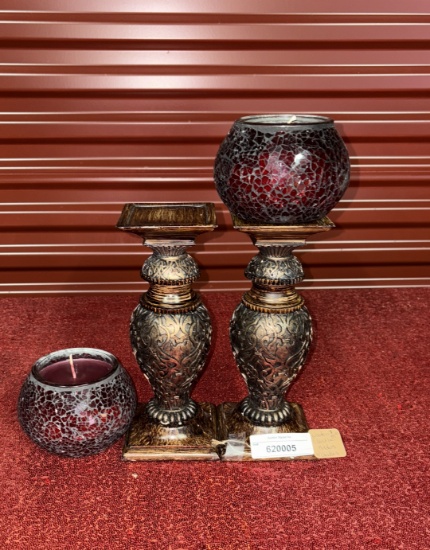 Wooden Carved Candle Holders W/ Candles