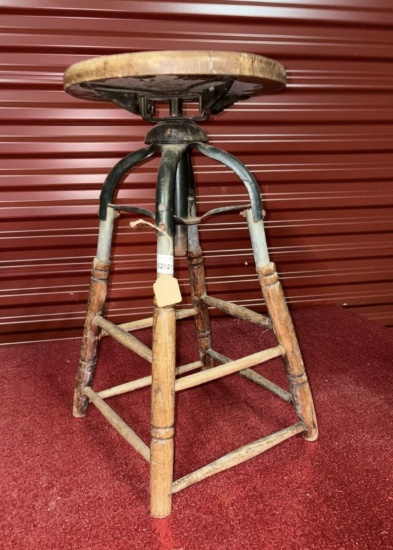 Antique Stool Wood & Metal Swivel Stool
