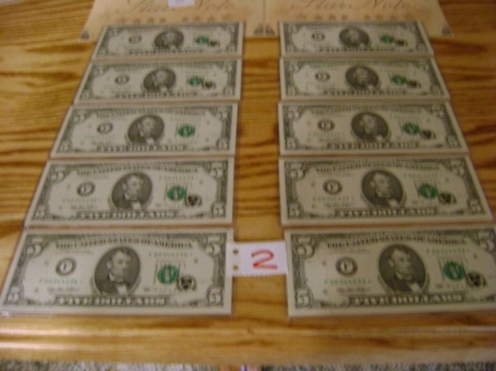 10 - consecutive 1995 $5 Star notes UNC