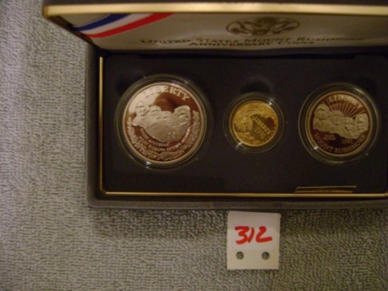 1 - 1991 Mount Rushmore Anniv Set Silver $1 Proof, 50 cent Proof, $5 Proof Gold