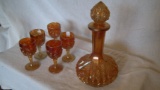 Marigold cut glass decanter 10”x5.5” & 5 glasses