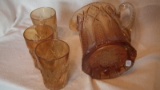 Marigold cut glass pitcher 8”x6” w/3 tumblers