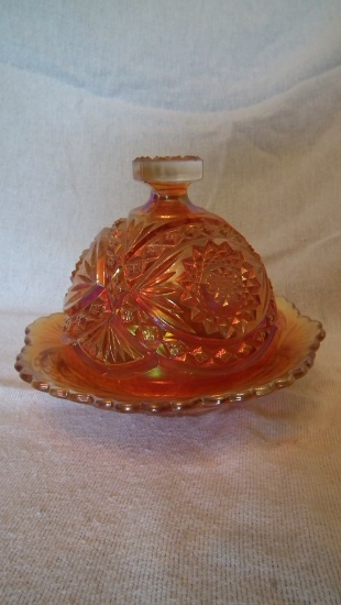 Marigold cut glass covered butter dish 6”x6.75”