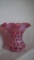 Cranberry opalescent vase, coin dot pattern, crimped top, unmarked Fenton, 8”H x 8.75”W