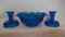 Blue bowl & 2 candle stick holders,
