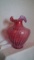 Cranberry opalescent vase, spiral optic pattern, crimped top, marked Fenton, 12”H x 9”W