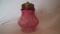 Cranberry opalescent sugar shaker, daisy & fern pattern, unmarked Fenton, 5”H x 4.75”W