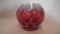 Cranberry opalescent rose bowl, dot & fern pattern (?), crimped top, stamped Fenton 9, 5”H x 5”W