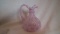 Pink opalescent pitcher, coin dot pattern, crimped top, stamped Fenton & F, 7”H x 5”W