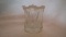 White opalescent toothpick holder, fleur de leis pattern, crimped edge, 2.5”H x 2 3/8”W