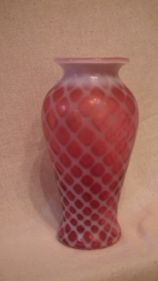 Cranberry opalescent vase, diamond optic pattern, unmarked Fenton, 10”H x 3.75”W
