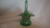 Green shiny basket, has carnival glass look, marked Gibson 1985, 4 5/8”H x 3 3/8”W