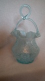 Blue opalescent handled jar/jug, daisy & fern pattern, crimped top, 11.5”H x 6”W