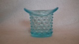 Light blue top hat toothpick holder, hobnail pattern, 2 5/8”H x 3”W