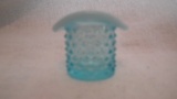 Blue opalescent top hat toothpick holder, hobnail pattern, 1.75”H x 2 1/8”W