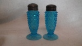 Blue opalescent salt & pepper shaker set, hobnail pattern, 3 5/8”H x 1.75”W